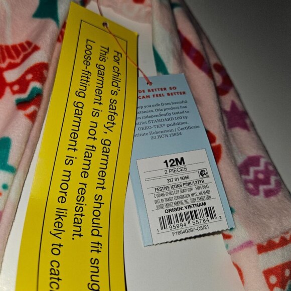 NEW Cat & Jack Christmas Pajama Set 2-Pc Baby Girl 12 Months Pink Festive Icons - Picture 7 of 10